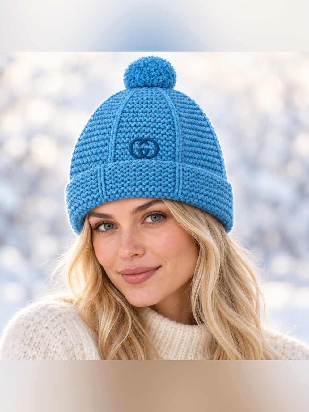 Gucci NWT GG Logo Knit Pom-Pom Beanie Hat Size L 56 cm